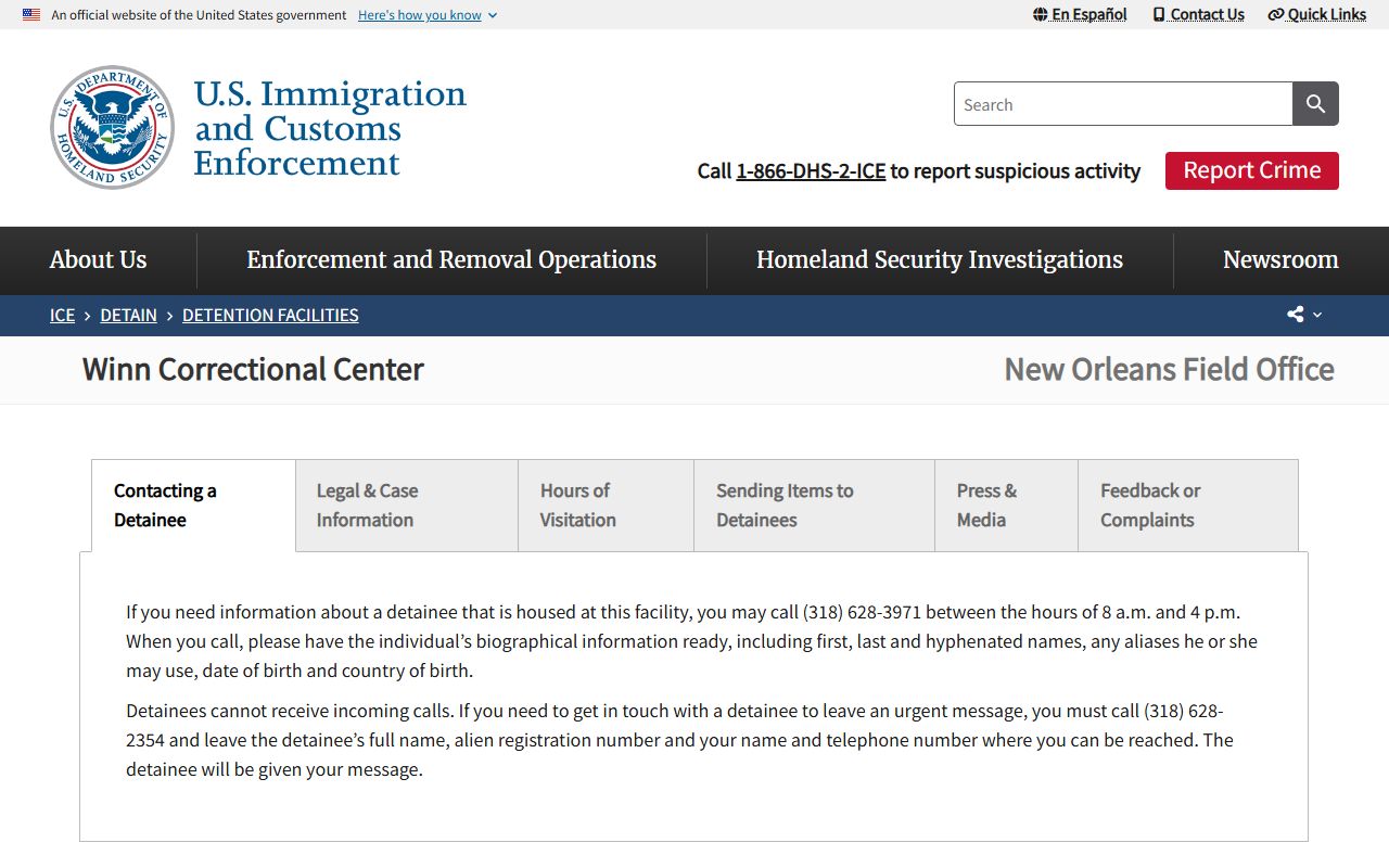Winn Correctional Center ICE detainee facility information